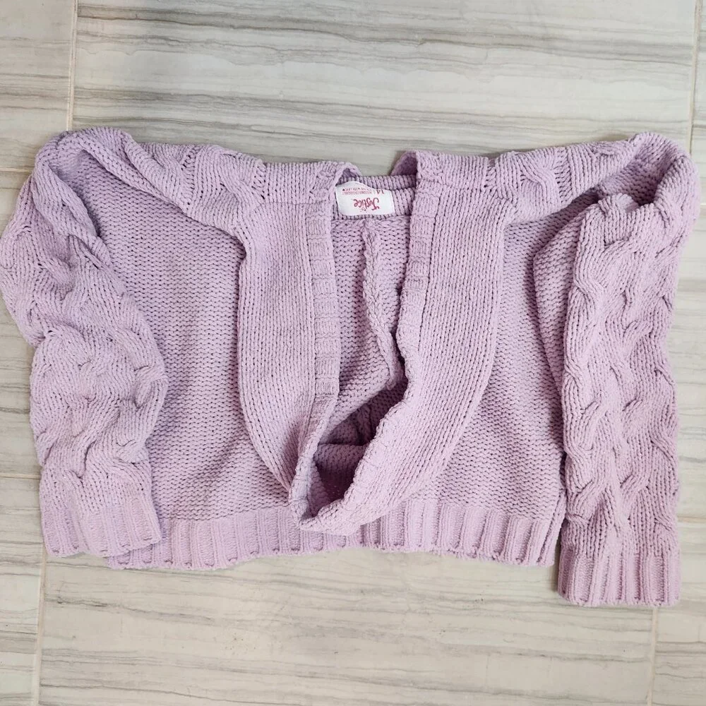 Justice Girls Knitted V-Neck Purple Cropped Sweater w/ Hood